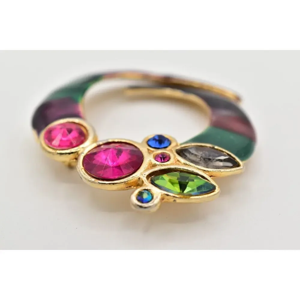 ECD Vintage Crystal Brooch Pin Multi-Color Enamel Gold Chunky 1980s Signed BinBG